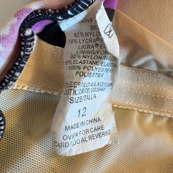 Azul black with purple & white floral print one-piece swimsuit size 12 - Picture 5 of 6